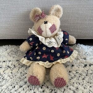 USA Plush Teddy Bear 15" Red White‎ & Blue Theme Dress Red Plaid Patchwork Bow